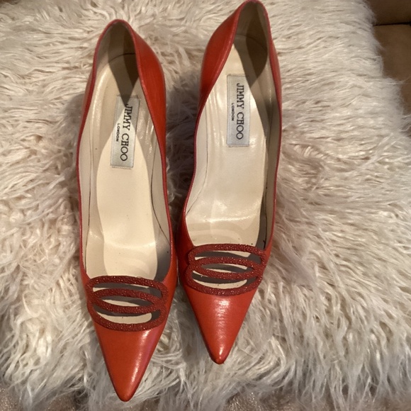 Jimmy Choo Women Pointed Toe Leather Pumps, Size 38 (7), Color Orange, Preowned